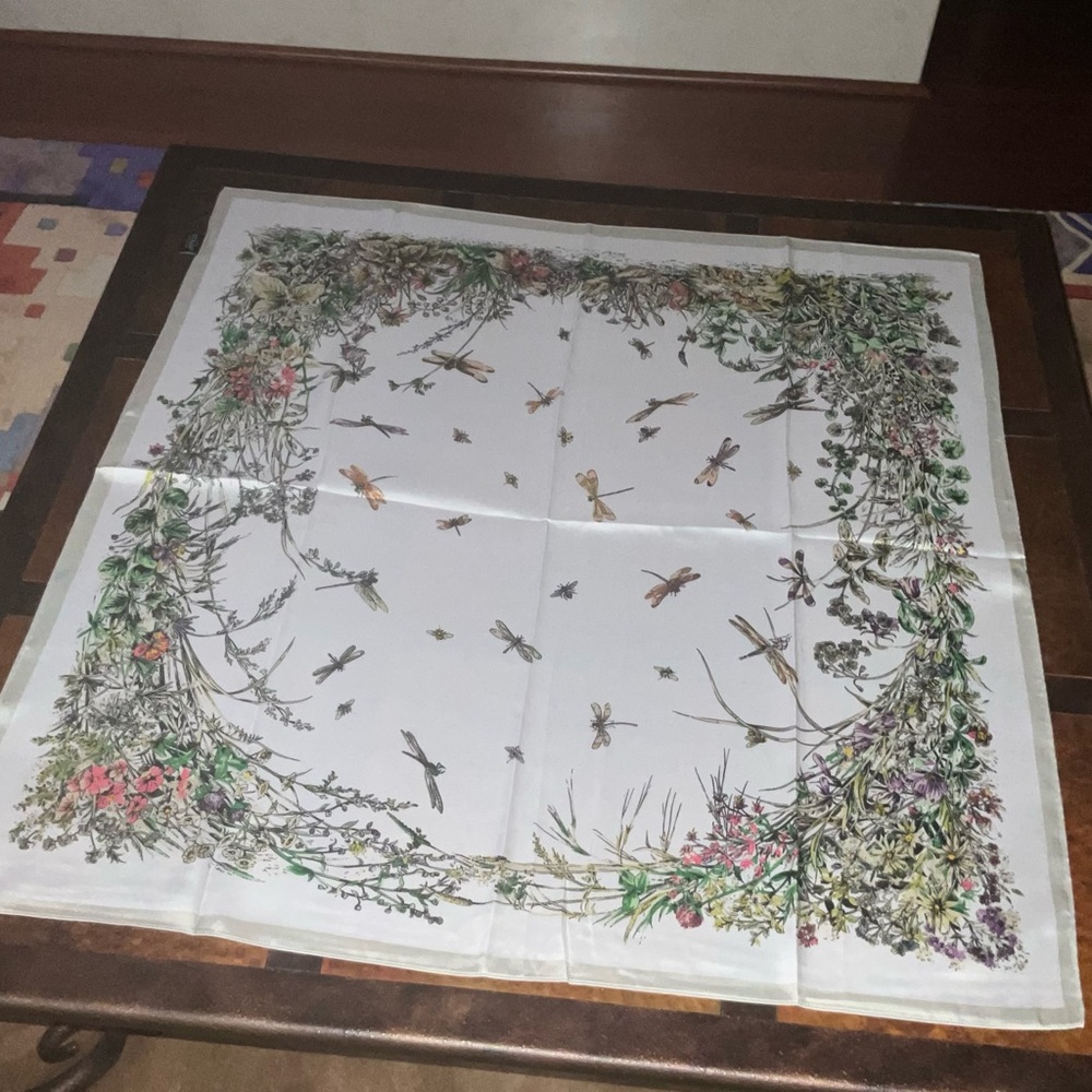 100% Silk Scarf Hand Print With Motif Of Butterflies Bees and Dragonflies. NWOTs